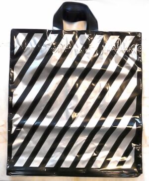 Szalagfüles táska, 40 x 42 cm, ezüst-fekete csíkos, nyomdázott,