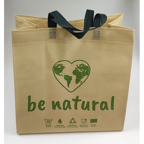 Be Natural PP nem szőtt anyagú többször használható bevásárlótáska zöld füllel, környezetbarát és mosható (400 + 2 x 100 x 500)