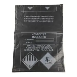 Veszélyes hulladék gyűjtő ADR zsák, 76 x 110 cm, fekete, újrahasznosított PE, 60 mikron