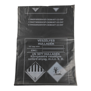 Veszélyes hulladék gyűjtő ADR zsák, 76 x 110 cm, fekete, újrahasznosított PE 60mic